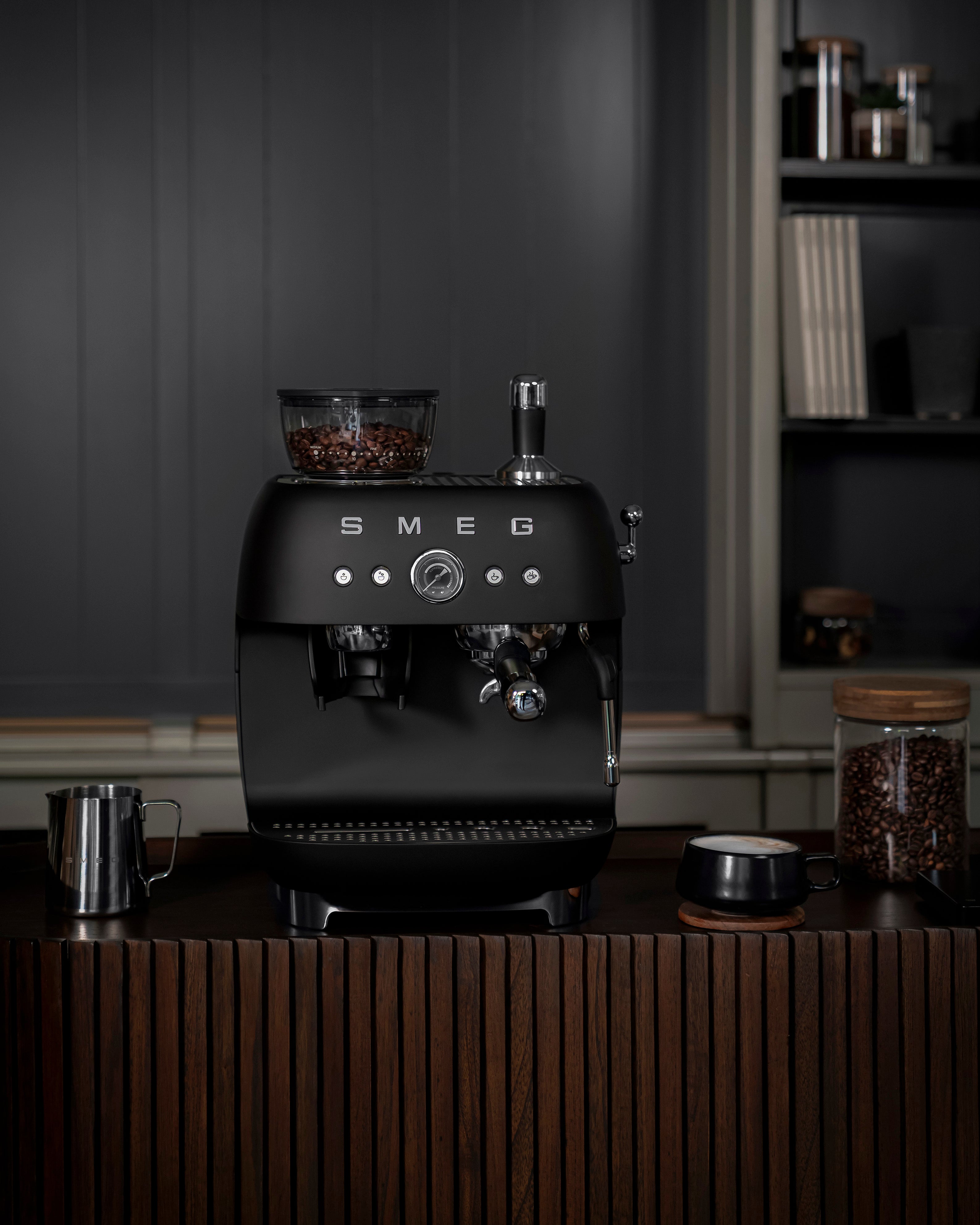 SMEG Manual Espresso Coffee Machine with Grinder (Black Matte)