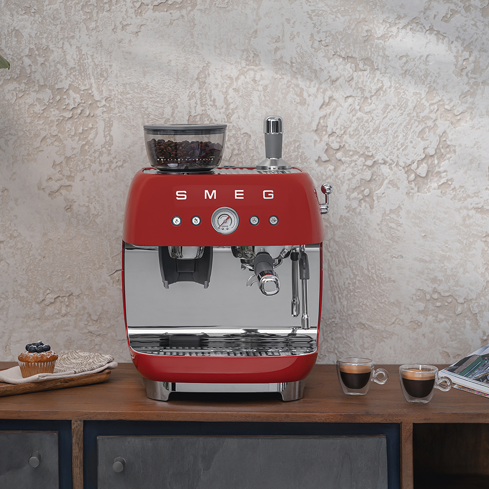 Manual Espresso Coffee Machine with Coffee Grinder - Red