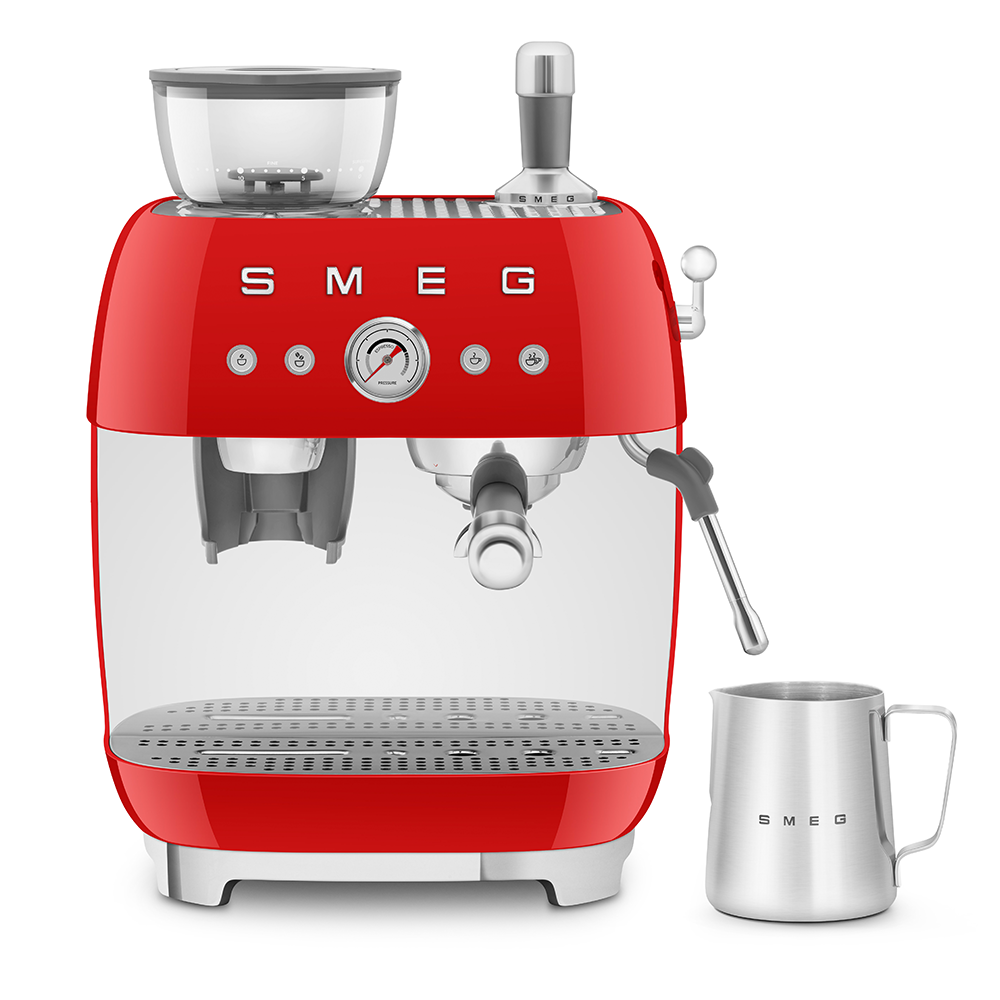 Manual Espresso Coffee Machine with Coffee Grinder - Red